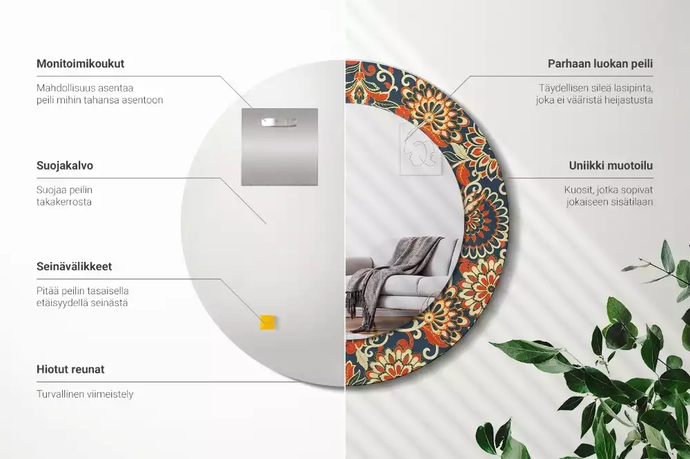 Oglindă rotundă ramă cu imprimeu Flori retro