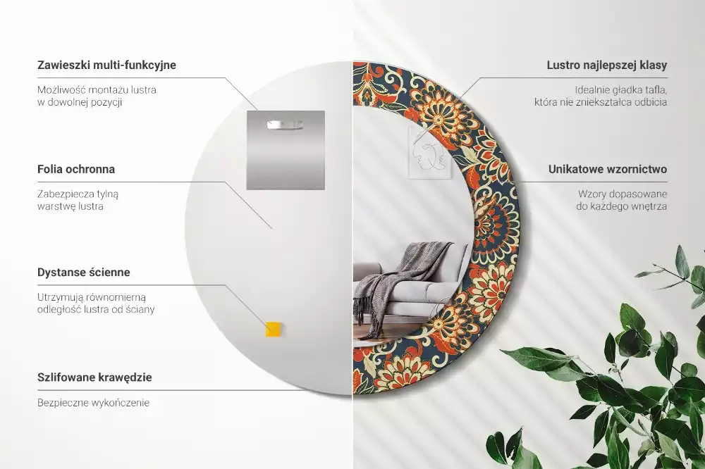 Oglindă rotundă ramă cu imprimeu Flori retro