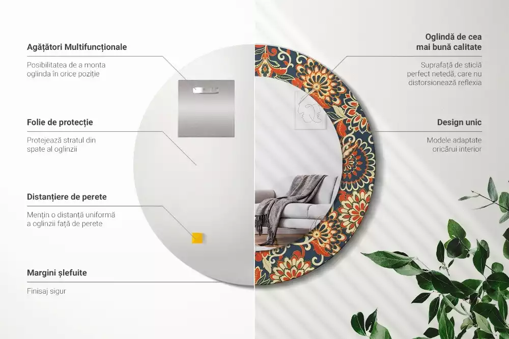 Oglindă rotundă ramă cu imprimeu Flori retro