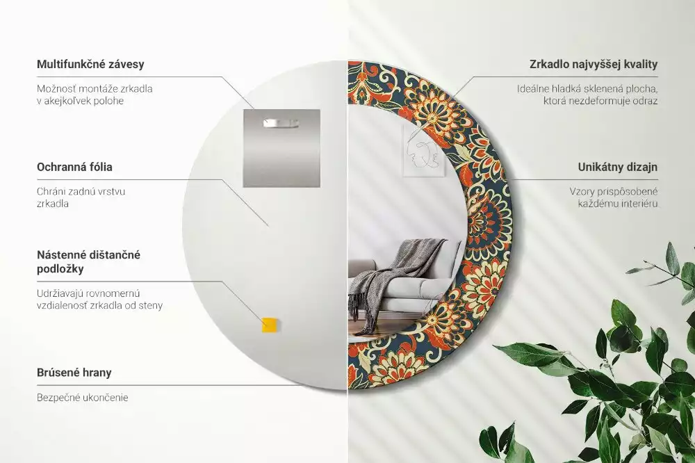 Oglindă rotundă ramă cu imprimeu Flori retro