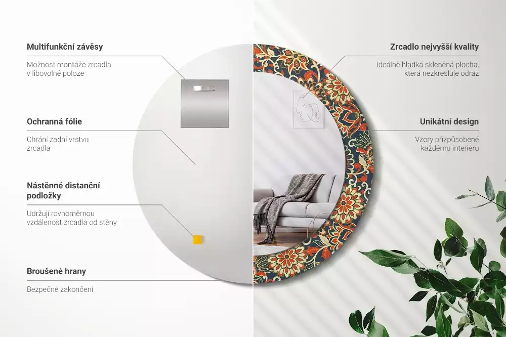 Oglindă rotundă ramă cu imprimeu Flori retro