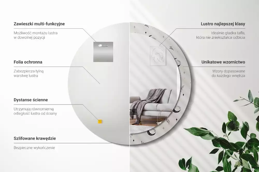 Oglindă rotundă imprimată Doodle plante