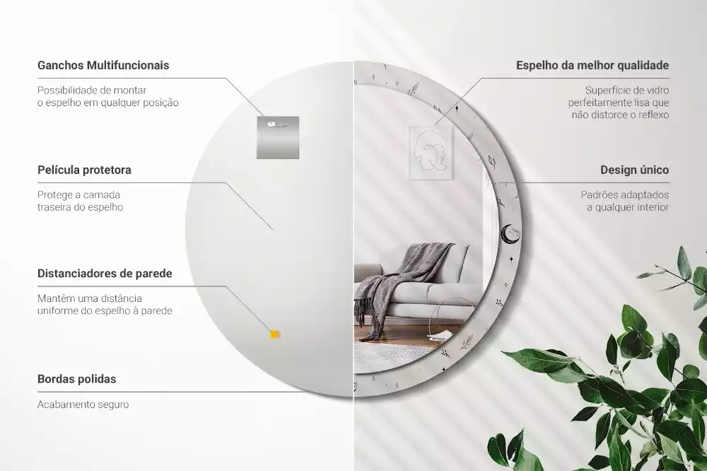 Oglindă rotundă imprimată Doodle plante