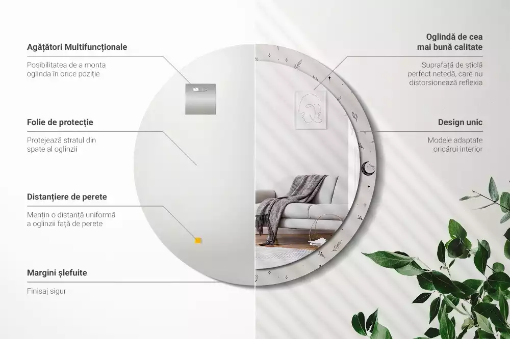Oglindă rotundă imprimată Doodle plante