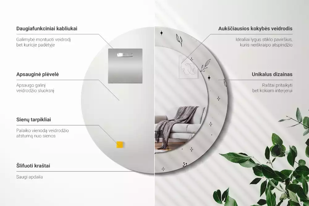 Oglindă rotundă imprimată Doodle plante