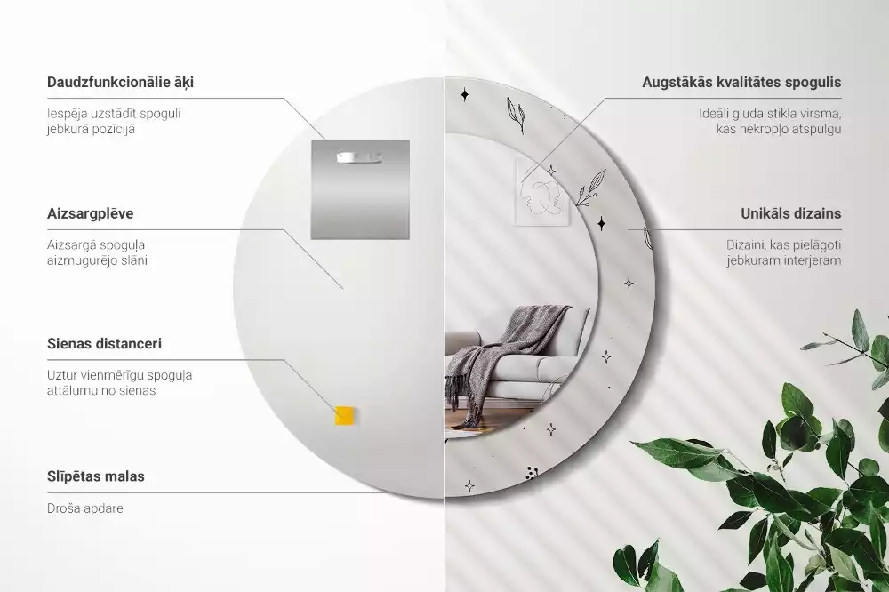 Oglindă rotundă imprimată Doodle plante