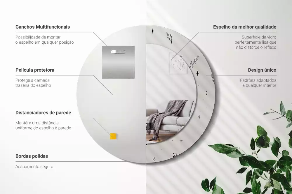 Oglindă rotundă imprimată Doodle plante