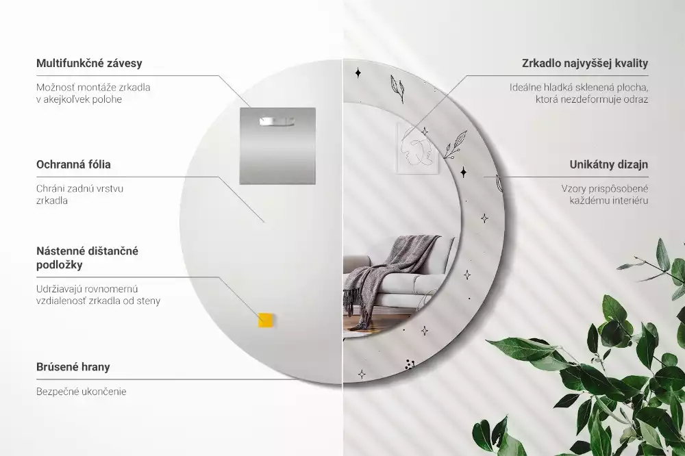 Oglindă rotundă imprimată Doodle plante