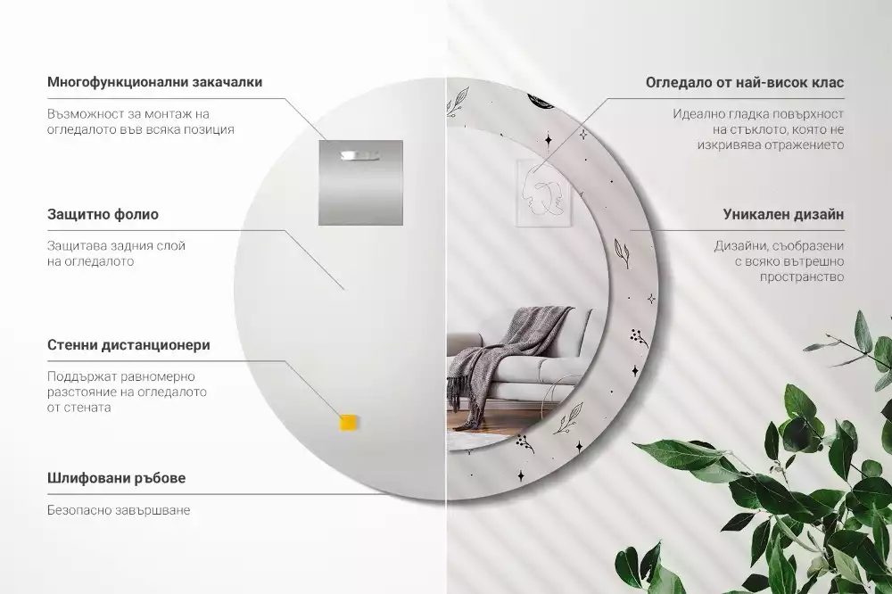 Oglindă rotundă imprimată Doodle plante