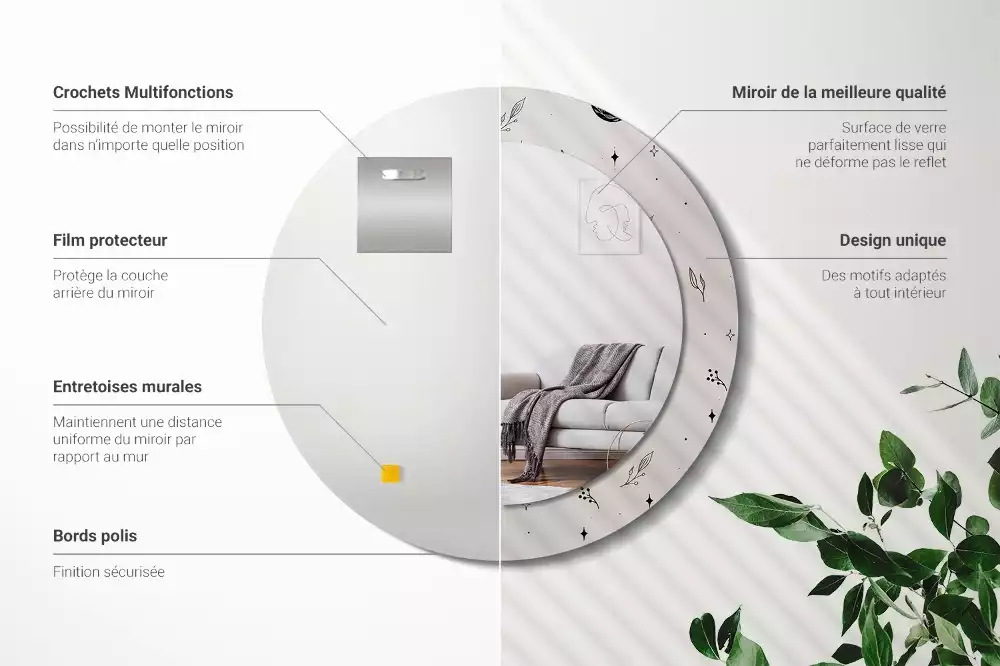 Oglindă rotundă imprimată Doodle plante