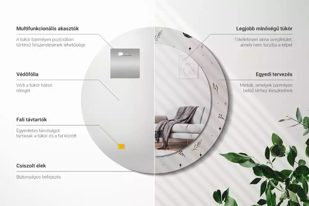 Oglindă rotundă imprimată Doodle plante