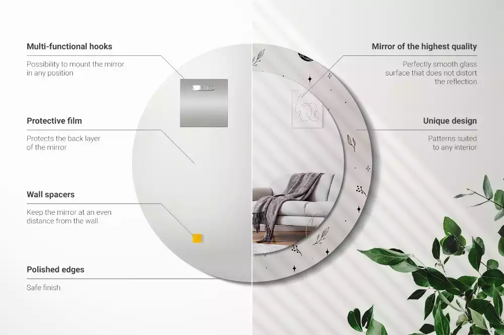 Oglindă rotundă imprimată Doodle plante