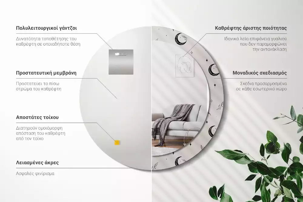 Oglindă rotundă imprimată Doodle plante