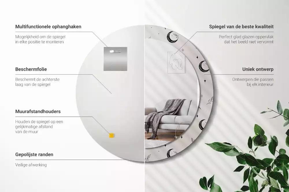 Oglindă rotundă imprimată Doodle plante