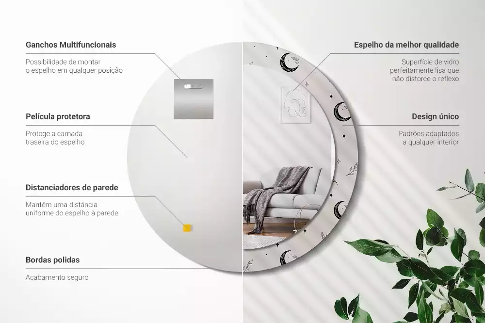 Oglindă rotundă imprimată Doodle plante