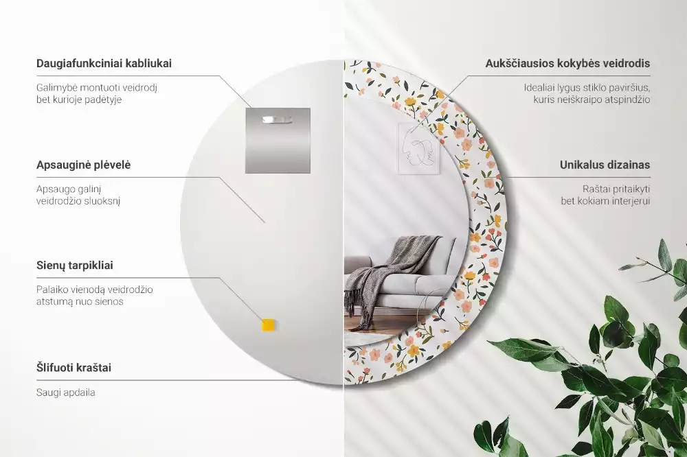 Oglindă cu decor rotundă Flori mici