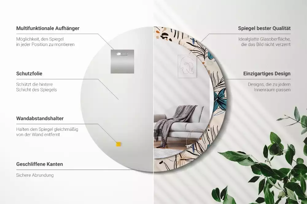Oglindă rotundă imprimată Flori cu model de junglă