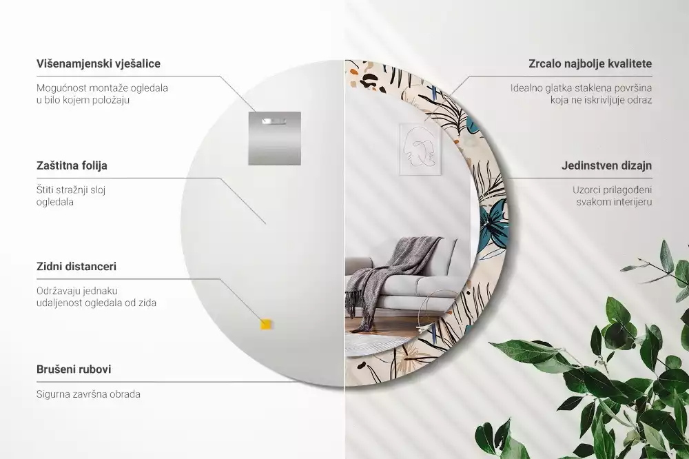 Oglindă rotundă imprimată Flori cu model de junglă