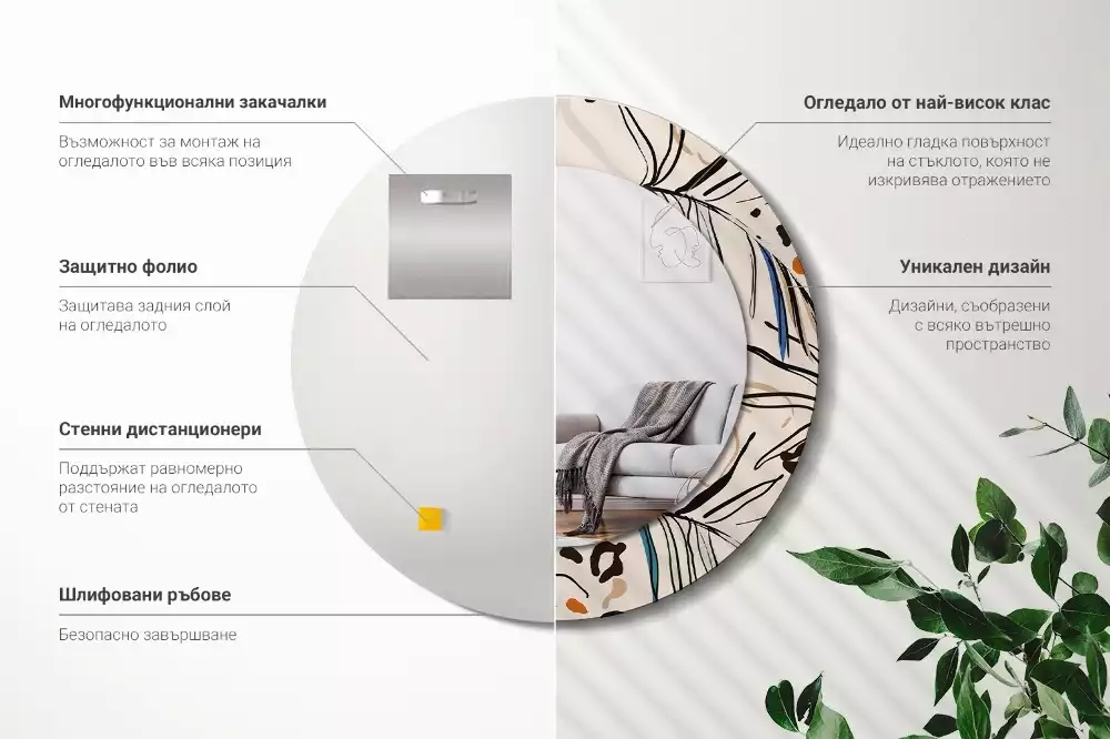 Oglindă rotundă imprimată Flori cu model de junglă