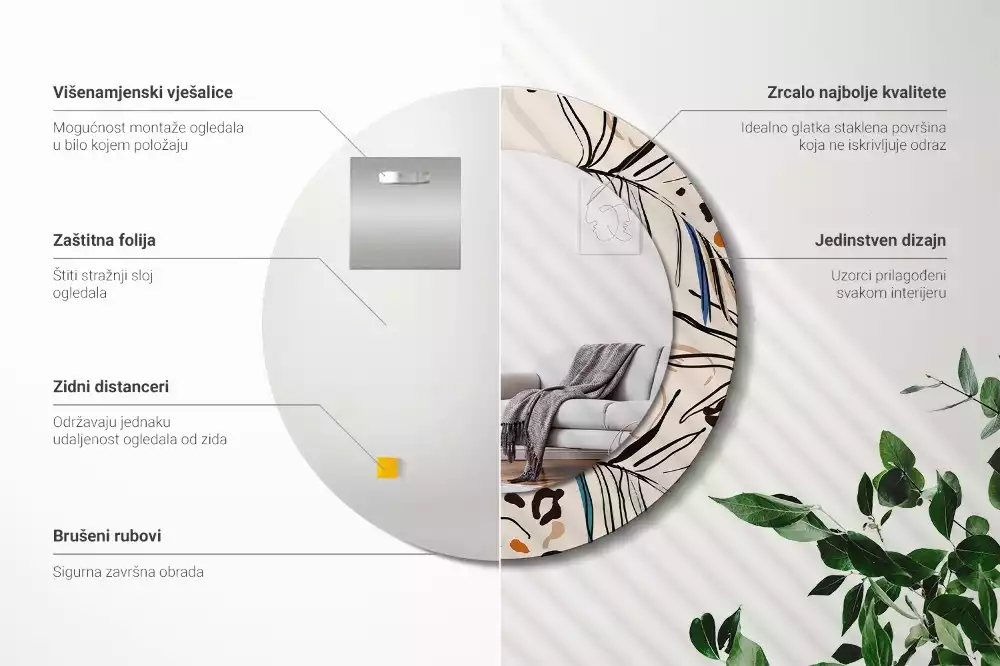 Oglindă rotundă imprimată Flori cu model de junglă