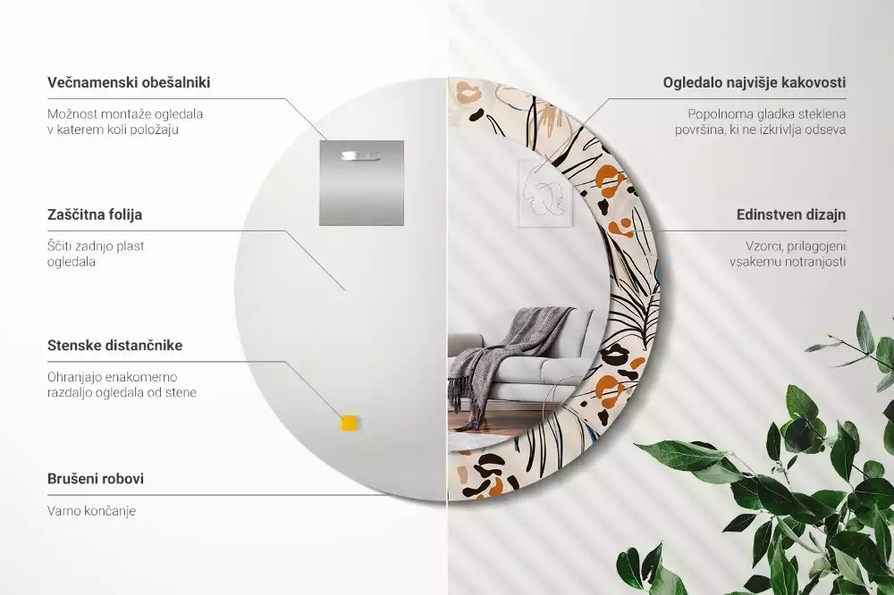 Oglindă rotundă imprimată Flori cu model de junglă