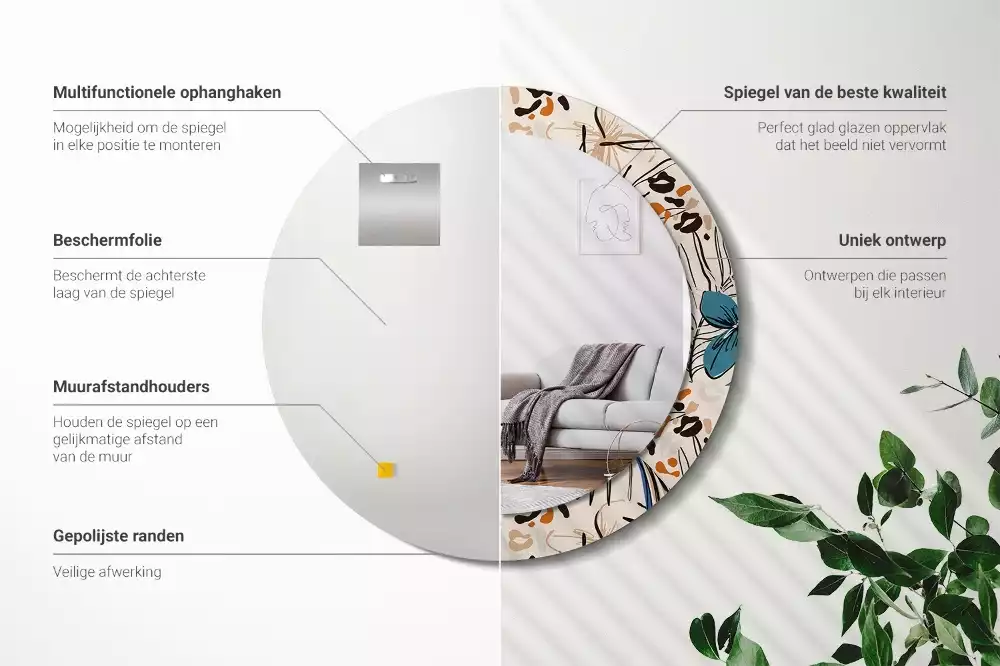 Oglindă rotundă imprimată Flori cu model de junglă