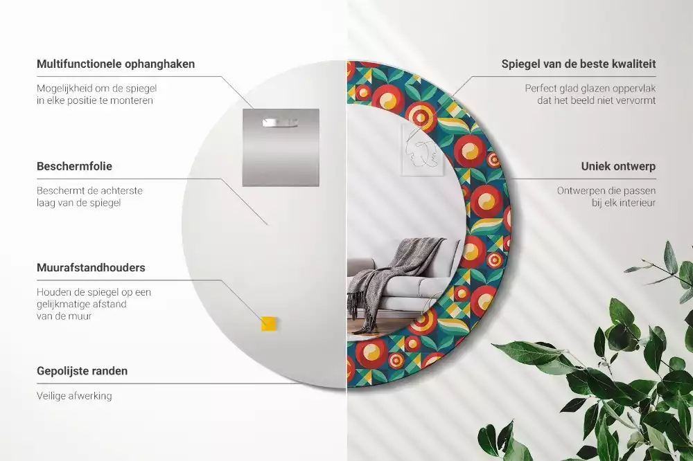 Oglindă rotundă ramă cu imprimeu Fructe și frunze geometrice