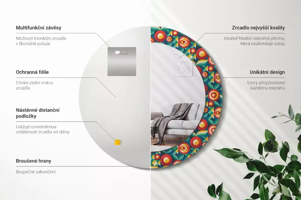 Oglindă rotundă ramă cu imprimeu Fructe și frunze geometrice