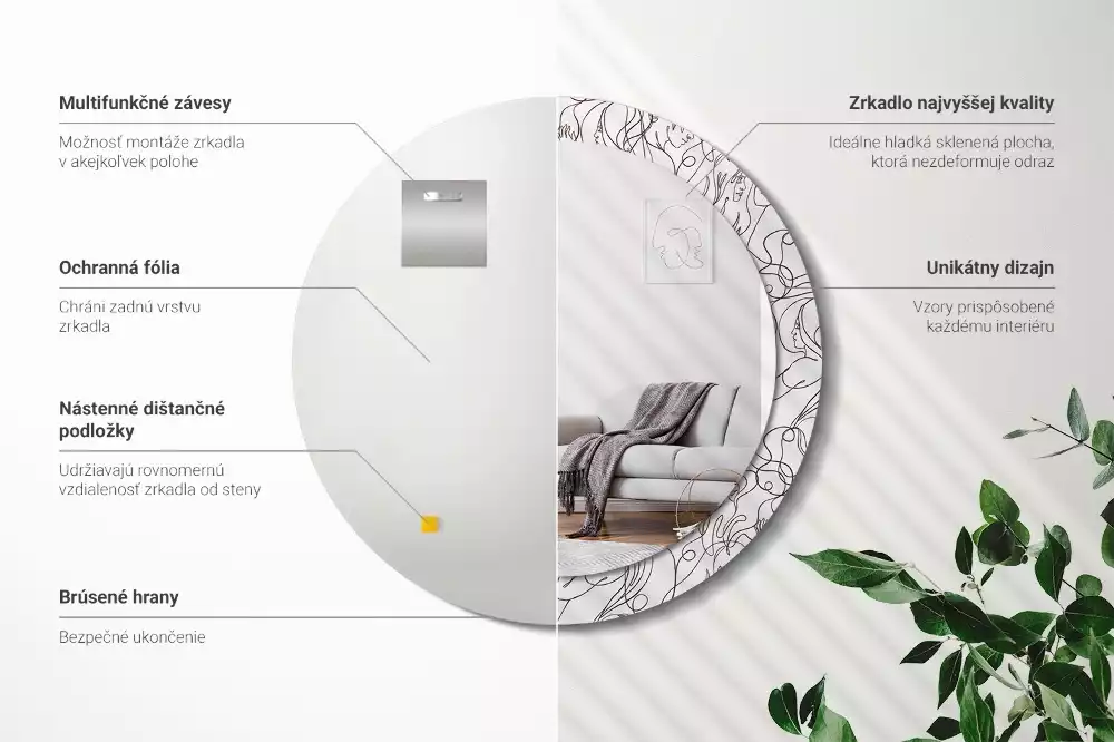 Oglindă rotundă imprimată Fețe din linii