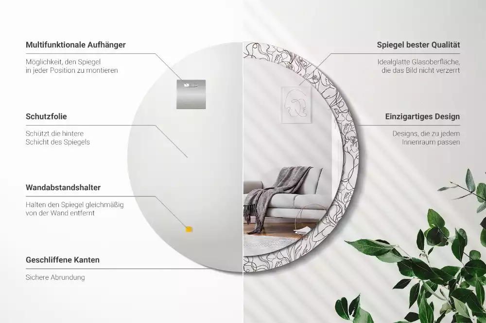 Oglindă rotundă imprimată Fețe din linii