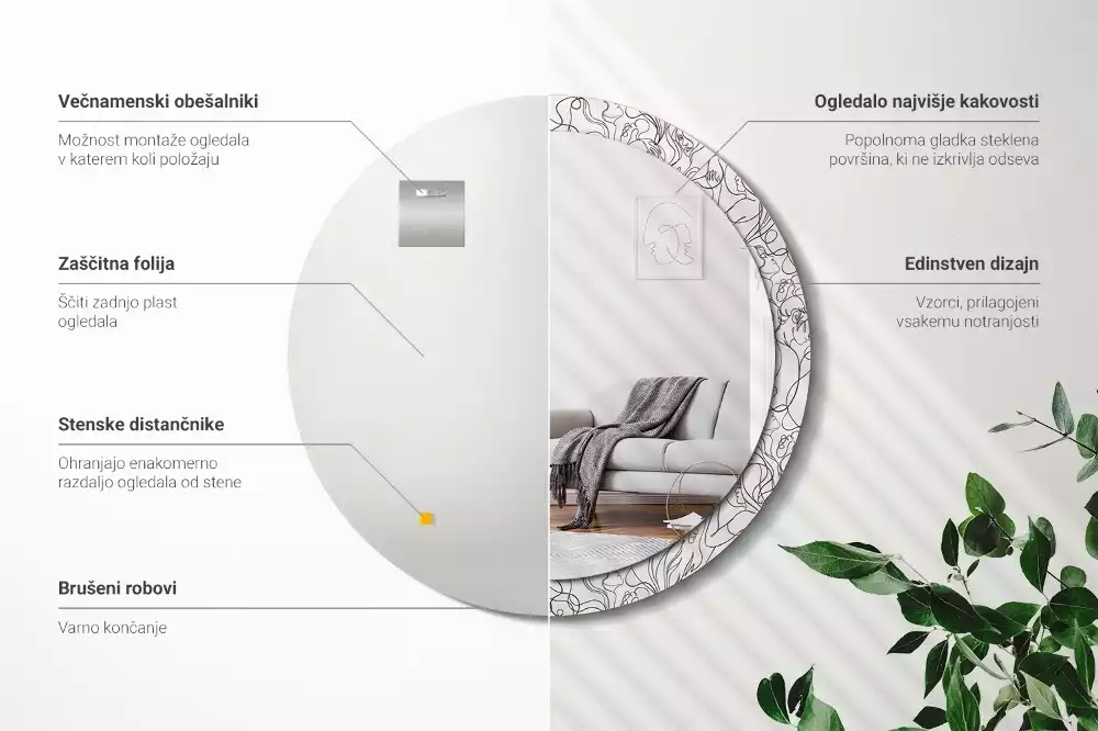 Oglindă rotundă imprimată Fețe din linii