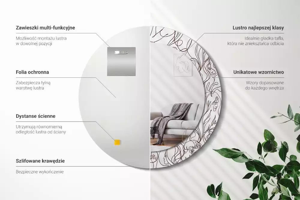 Oglindă rotundă imprimată Fețe din linii