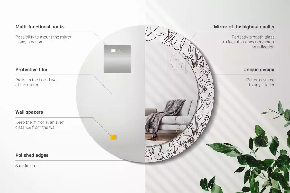 Oglindă rotundă imprimată Fețe din linii