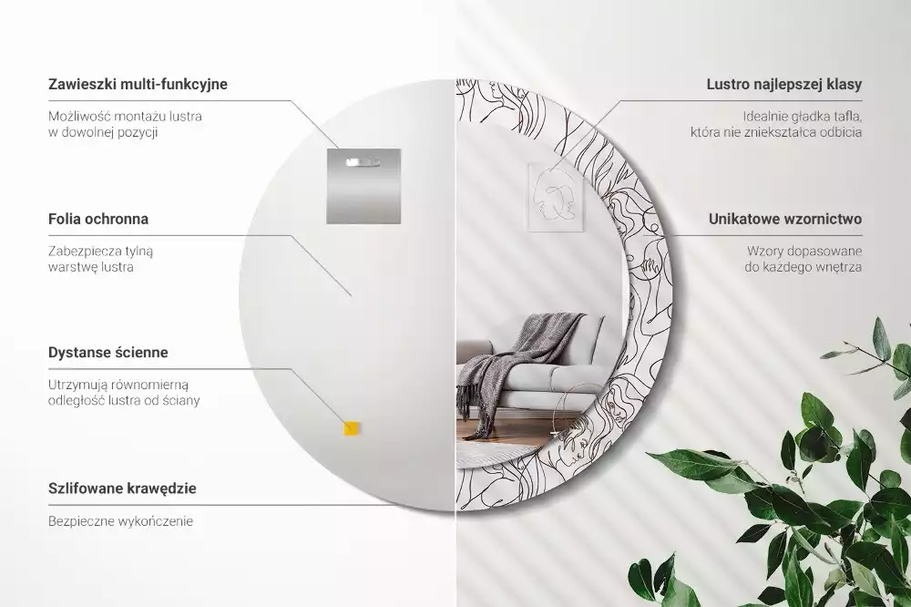 Oglindă rotundă imprimată Fețe din linii