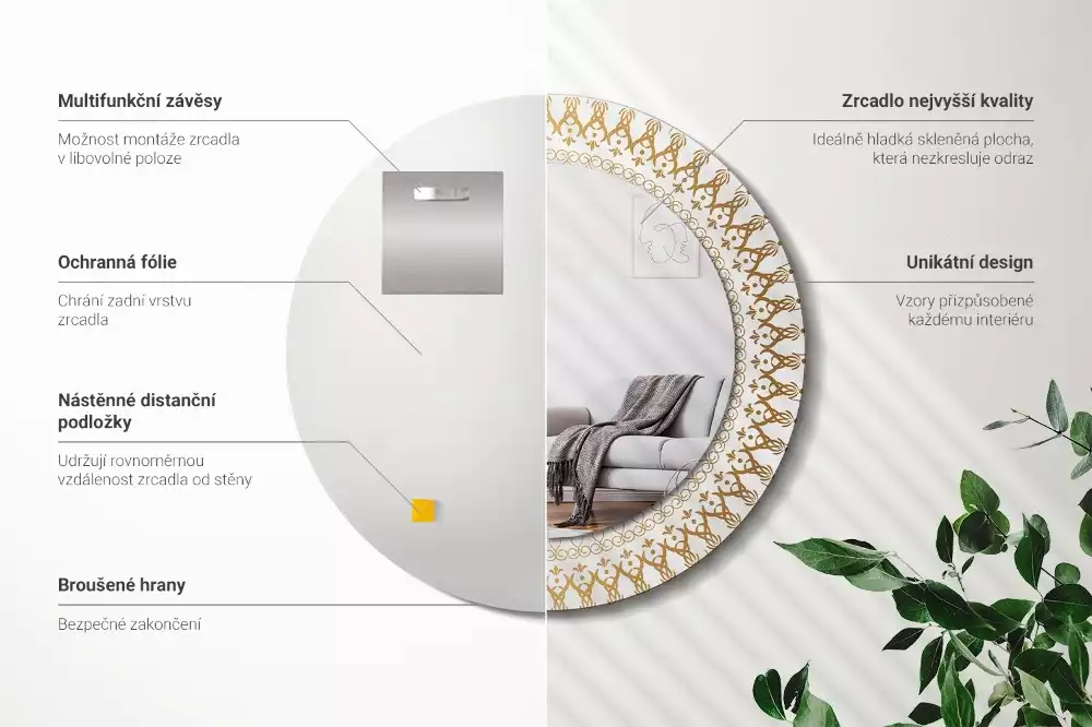 Oglindă rotundă ramă cu imprimeu Mandala indiană