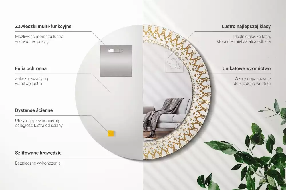 Oglindă rotundă ramă cu imprimeu Mandala indiană