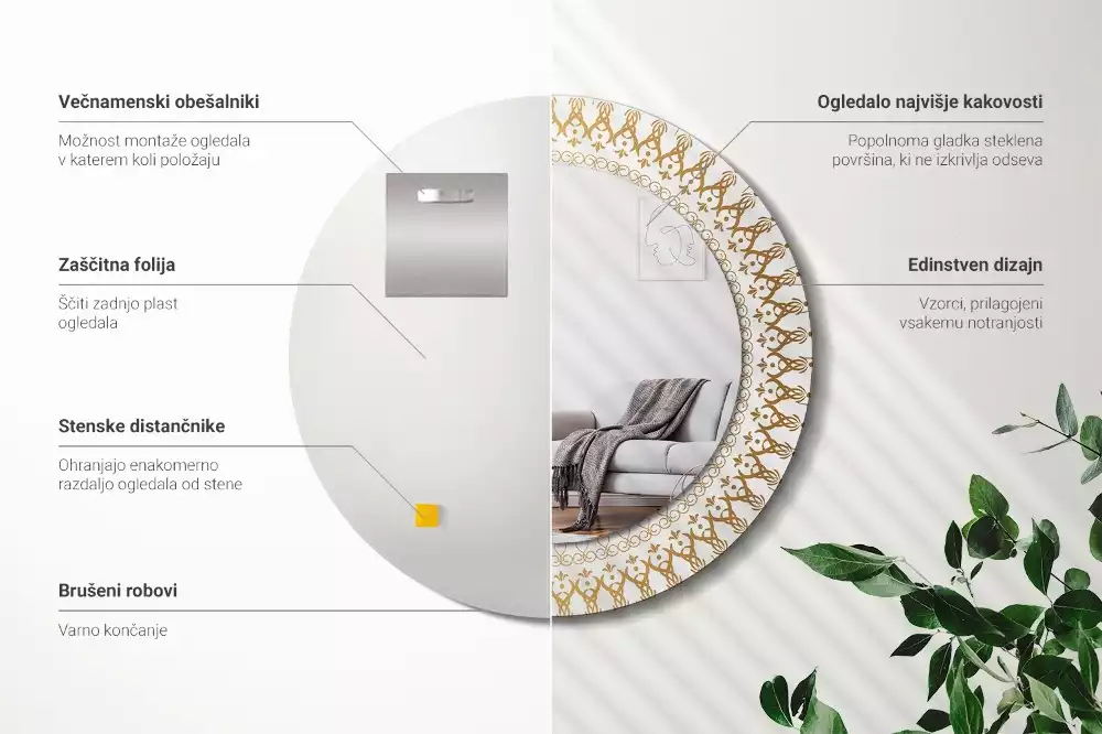 Oglindă rotundă ramă cu imprimeu Mandala indiană