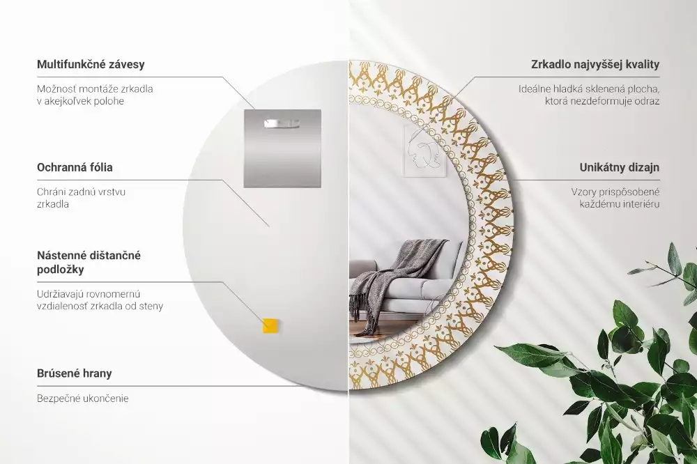 Oglindă rotundă ramă cu imprimeu Mandala indiană