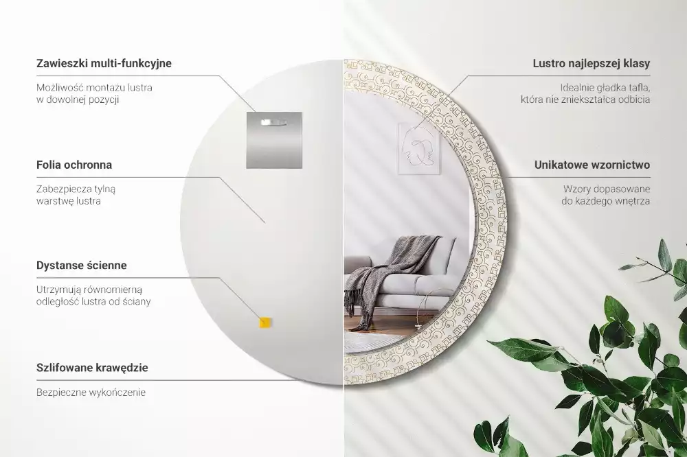 Oglindă rotundă ramă cu imprimeu Mandala indiană