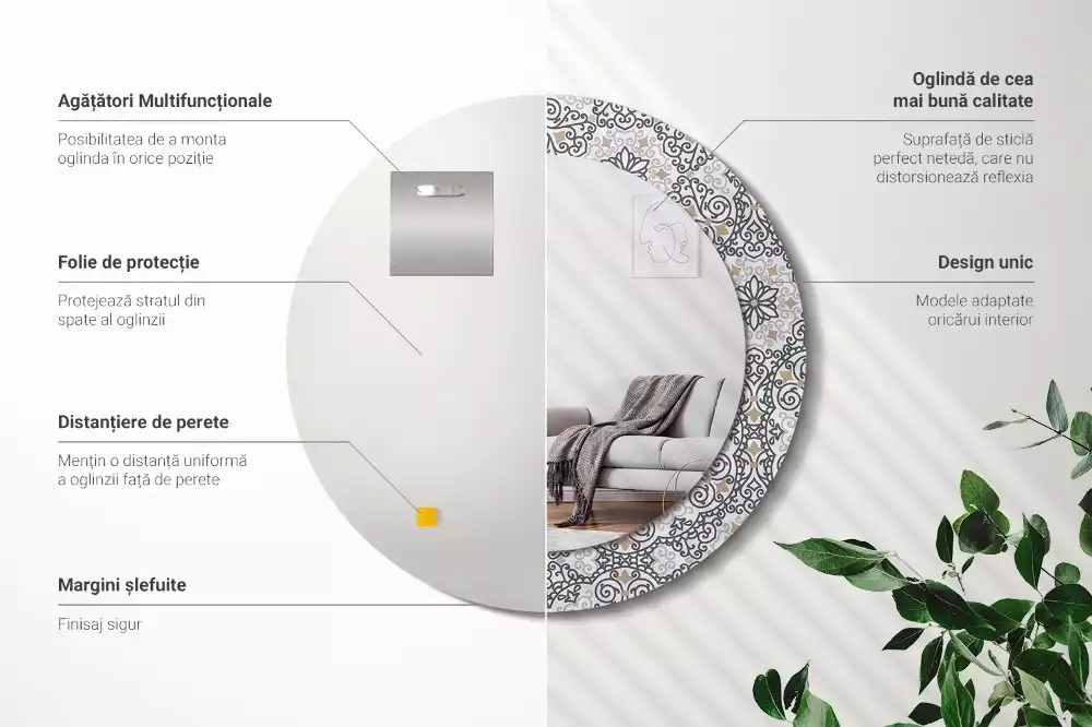 Oglindă rotundă ramă cu imprimeu Ornamente geometrice