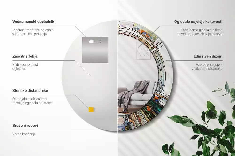 Oglindă rotundă ramă cu imprimeu Vitraliu