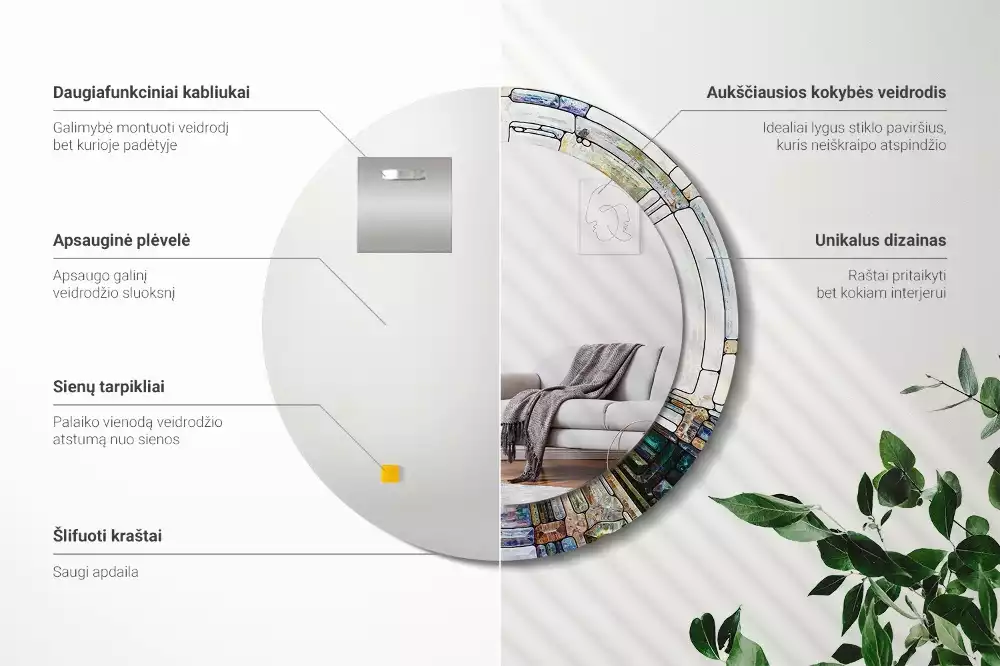 Oglindă rotundă ramă cu imprimeu Vitraliu