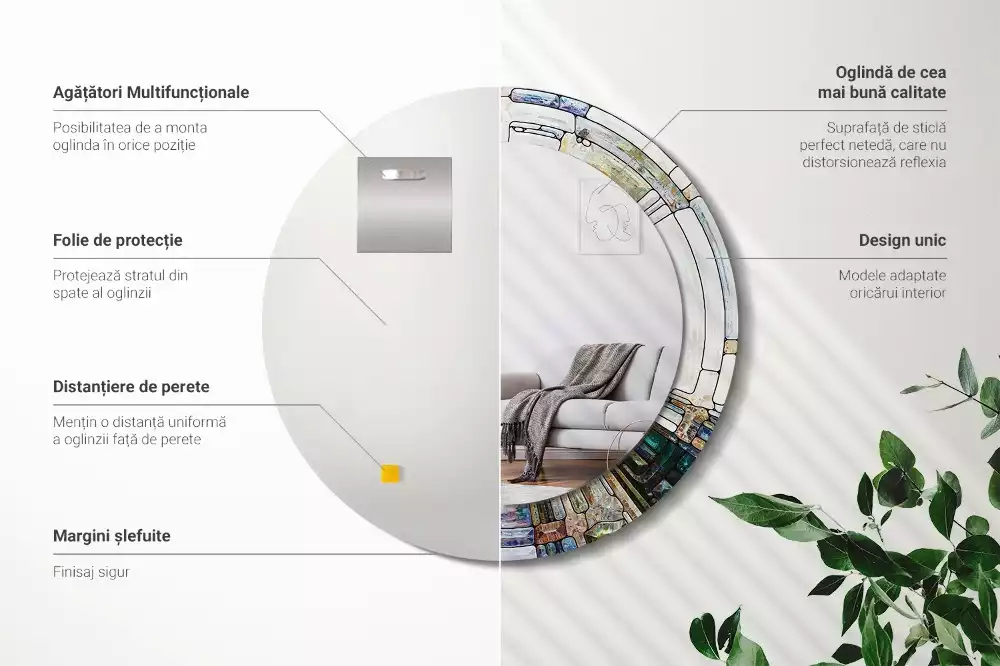 Oglindă rotundă ramă cu imprimeu Vitraliu