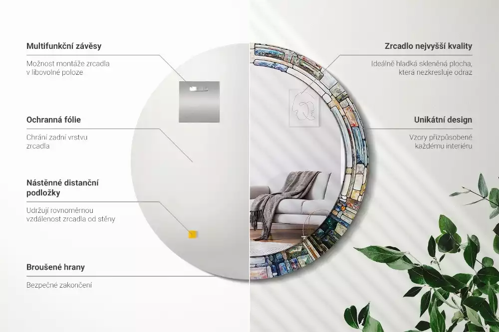 Oglindă rotundă ramă cu imprimeu Vitraliu