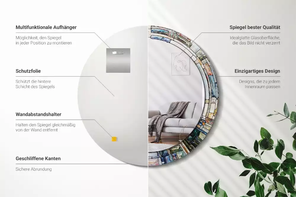 Oglindă rotundă ramă cu imprimeu Vitraliu