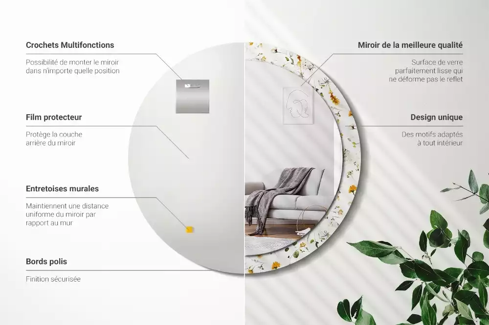 Oglindă rotundă ramă cu imprimeu Flori de câmp