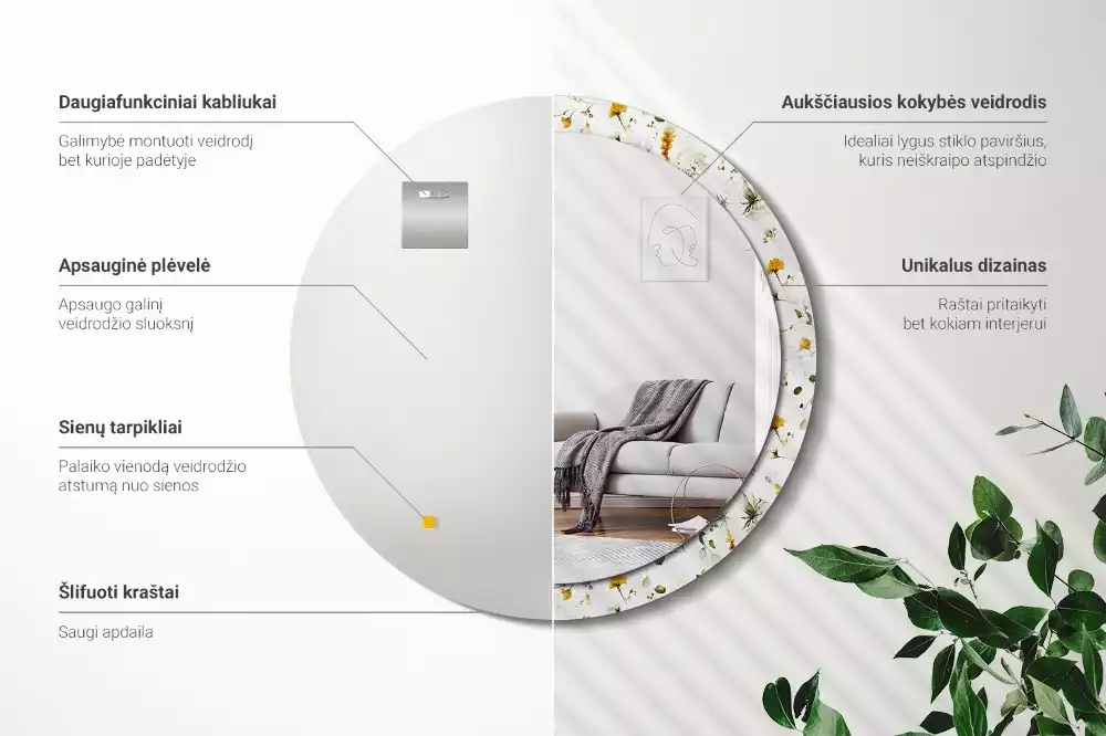 Oglindă rotundă ramă cu imprimeu Flori de câmp