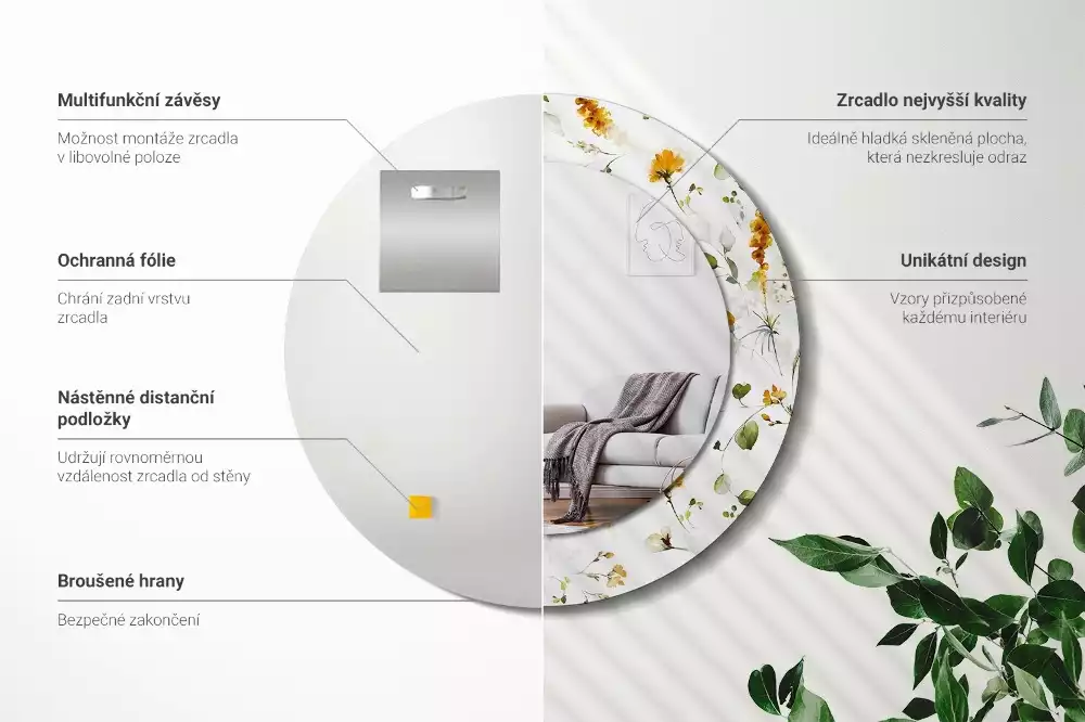 Oglindă rotundă ramă cu imprimeu Flori de câmp