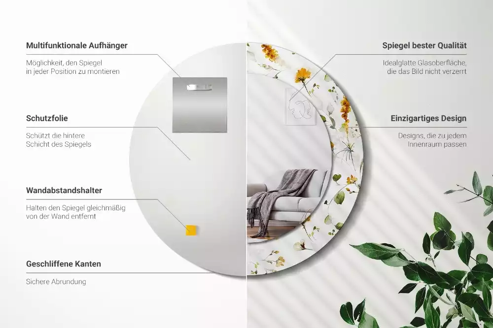 Oglindă rotundă ramă cu imprimeu Flori de câmp