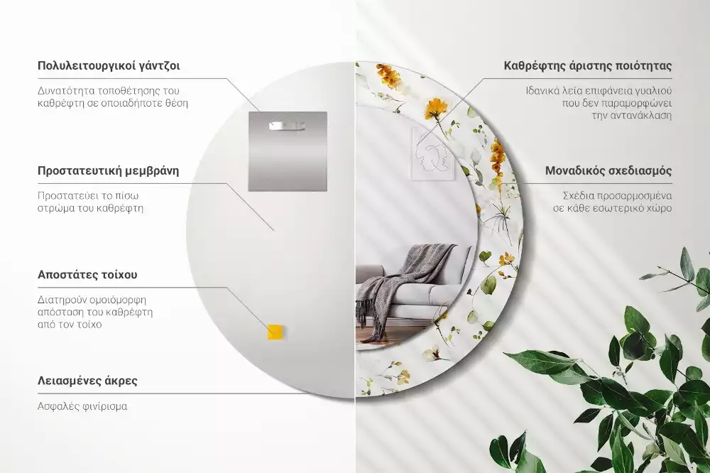 Oglindă rotundă ramă cu imprimeu Flori de câmp